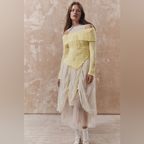 Urban Outfitters Kimchi Blue Yellow Fiona Off the Shoulder Sweater with Bow - Picture 8 of 14